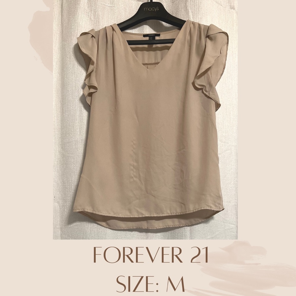 Beige tan business formal tank top. With ruffle sleeves. V neck, comfortable
